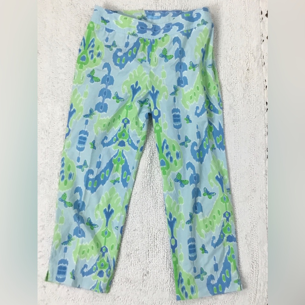J McLaughlin Cotton Blue Green Butterfly Capri Pants Size 4